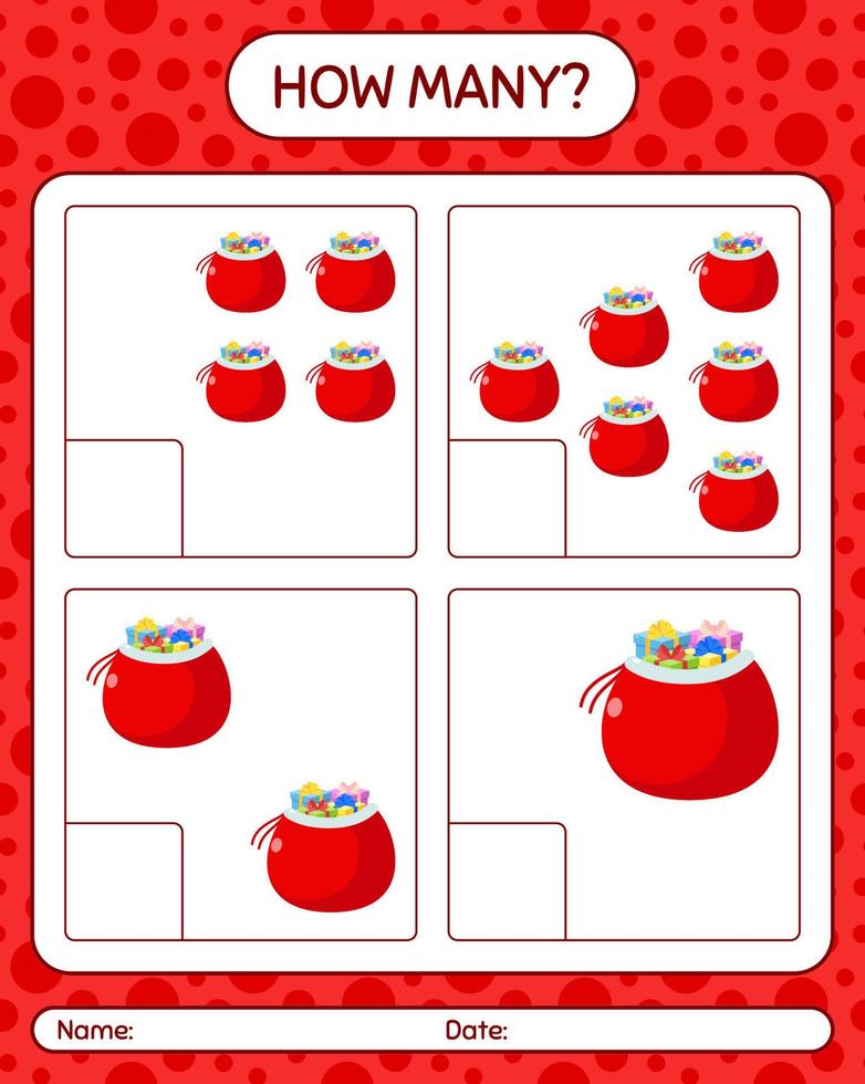 How many counting game with santa's bag. worksheet for preschool kids, kids activity sheet vector