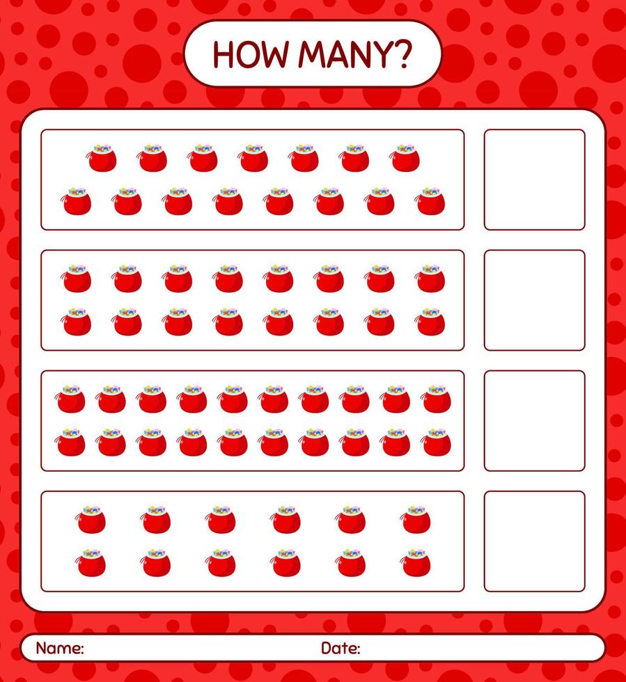 How many counting game with santa's bag. worksheet for preschool kids, kids activity sheet vector