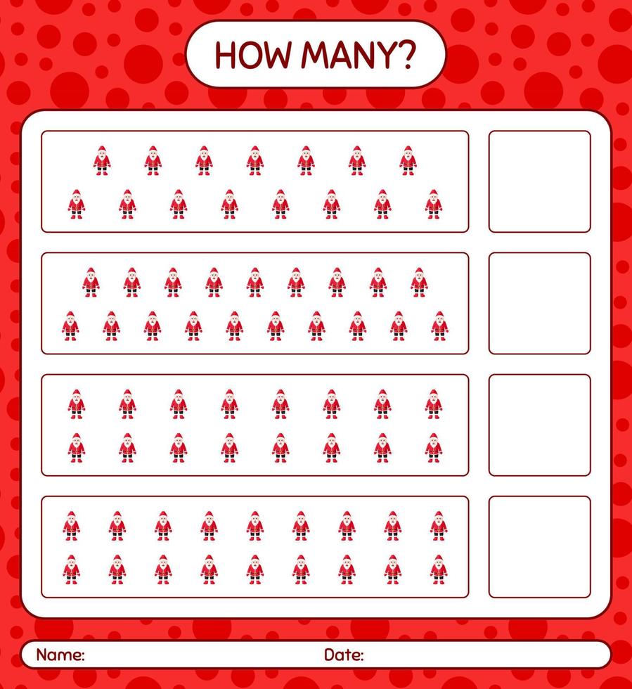 How many counting game with , santa claus. worksheet for preschool kids, kids activity sheet vector