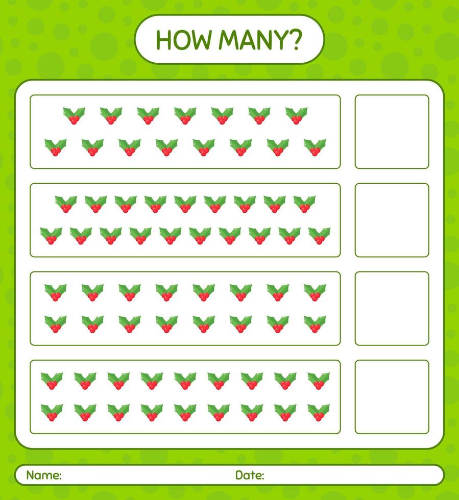 How many counting game with holly berry. worksheet for preschool kids, kids activity sheet vector