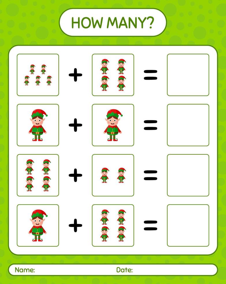 How many counting game with elf. worksheet for preschool kids, kids activity sheet vector