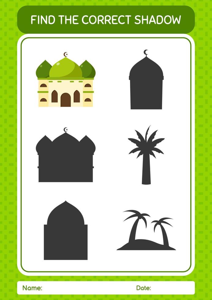Find the correct shadows game with mosque. worksheet for preschool kids, kids activity sheet vector