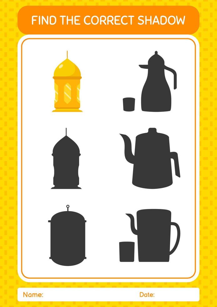 Find the correct shadows game with arabic lantern. worksheet for preschool kids, kids activity sheet vector