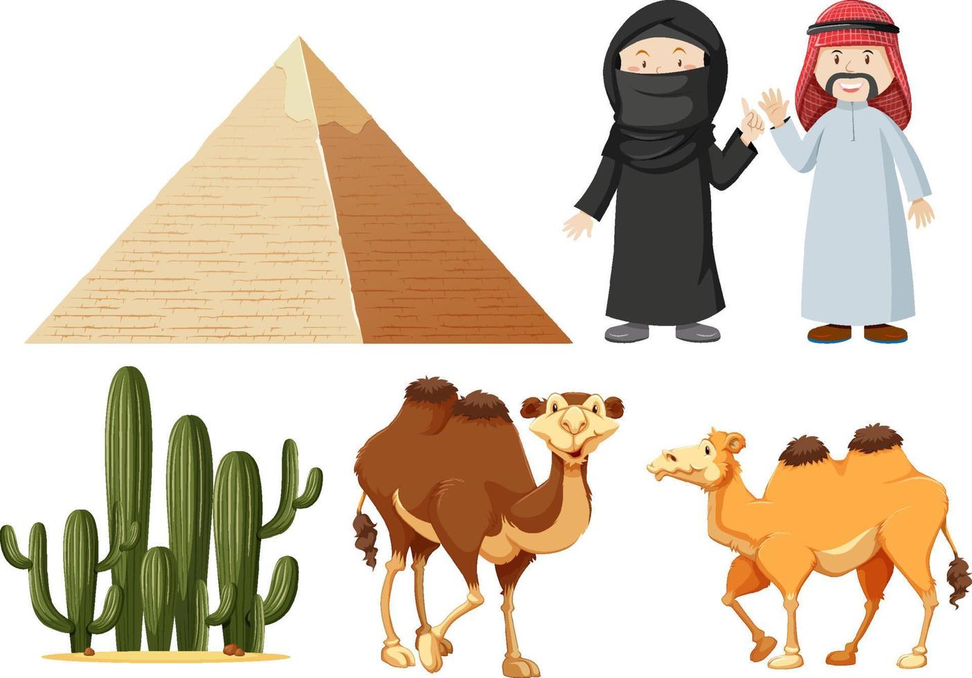 Arabic people with camels and cactus plant vector