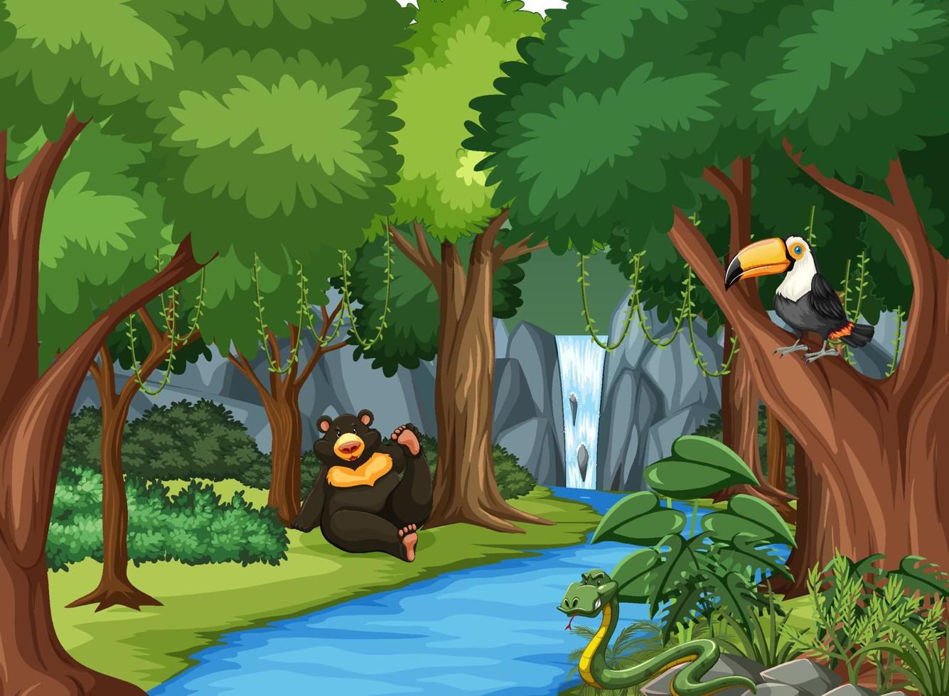 Forest scene with black bear and toucan bird vector