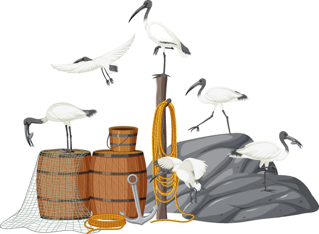 grupo de ibis blancos australianos con objetos de pesca vector