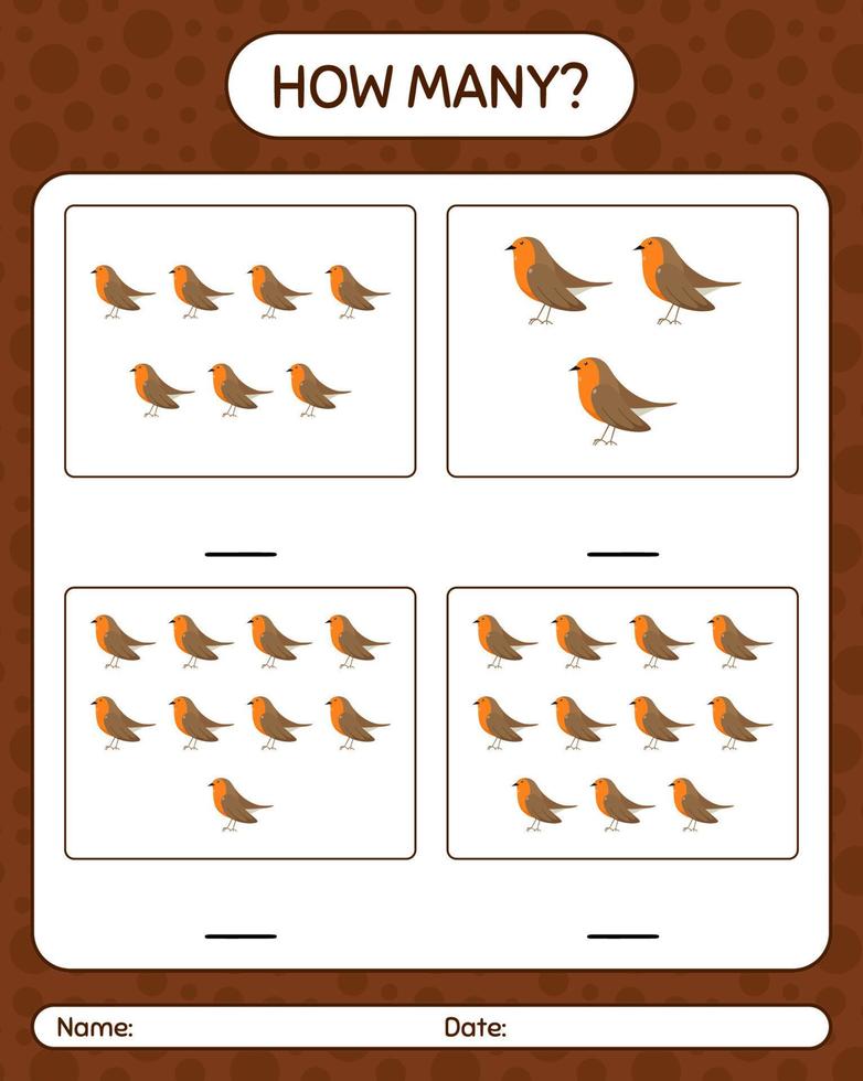 How many counting game with robin bird. worksheet for preschool kids, kids activity sheet vector