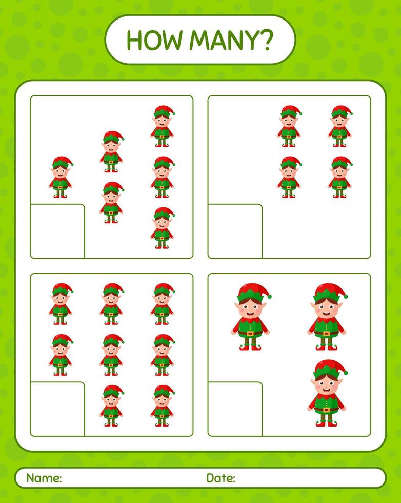 How many counting game with elf. worksheet for preschool kids, kids activity sheet vector