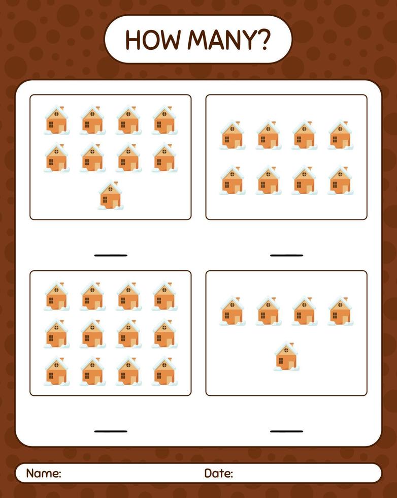 How many counting game with house. worksheet for preschool kids, kids activity sheet vector