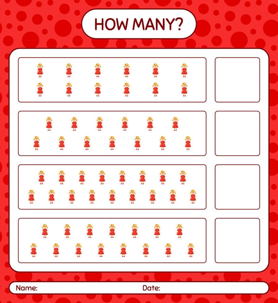 How many counting game with doll. worksheet for preschool kids, kids activity sheet vector