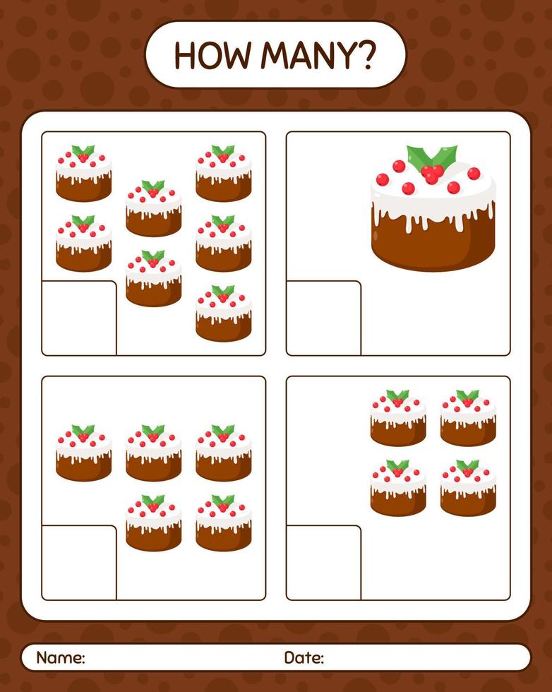How many counting game with christmas cake. worksheet for preschool kids, kids activity sheet vector