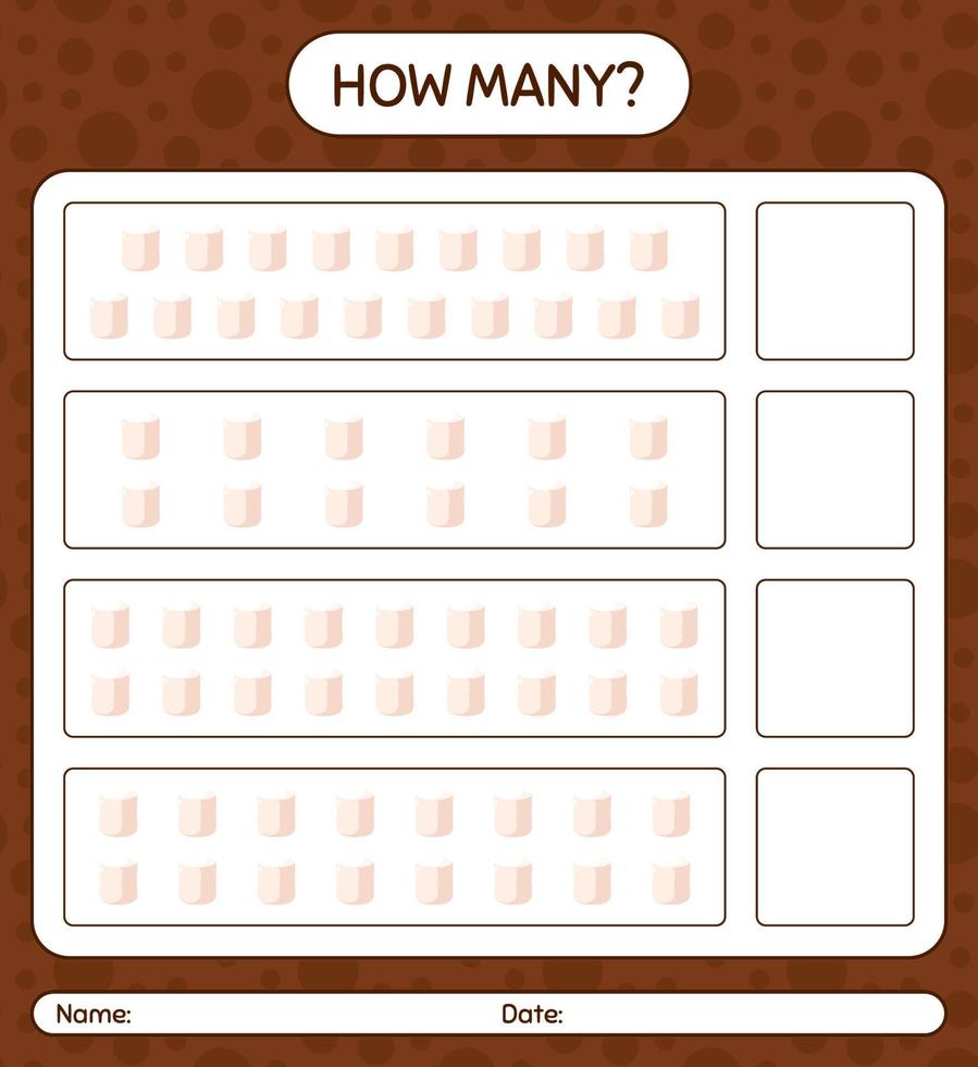 How many counting game with marshmallow. worksheet for preschool kids, kids activity sheet vector