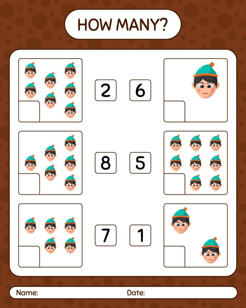 How many counting game with boys. worksheet for preschool kids, kids activity sheet vector