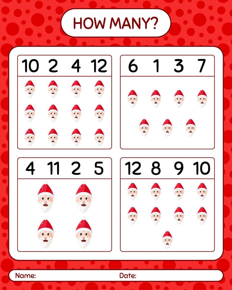 How many counting game with , santa claus. worksheet for preschool kids, kids activity sheet vector