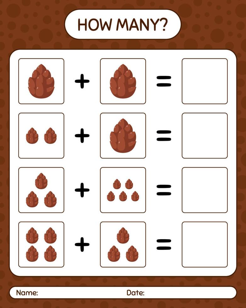 How many counting game with pine cone. worksheet for preschool kids, kids activity sheet vector