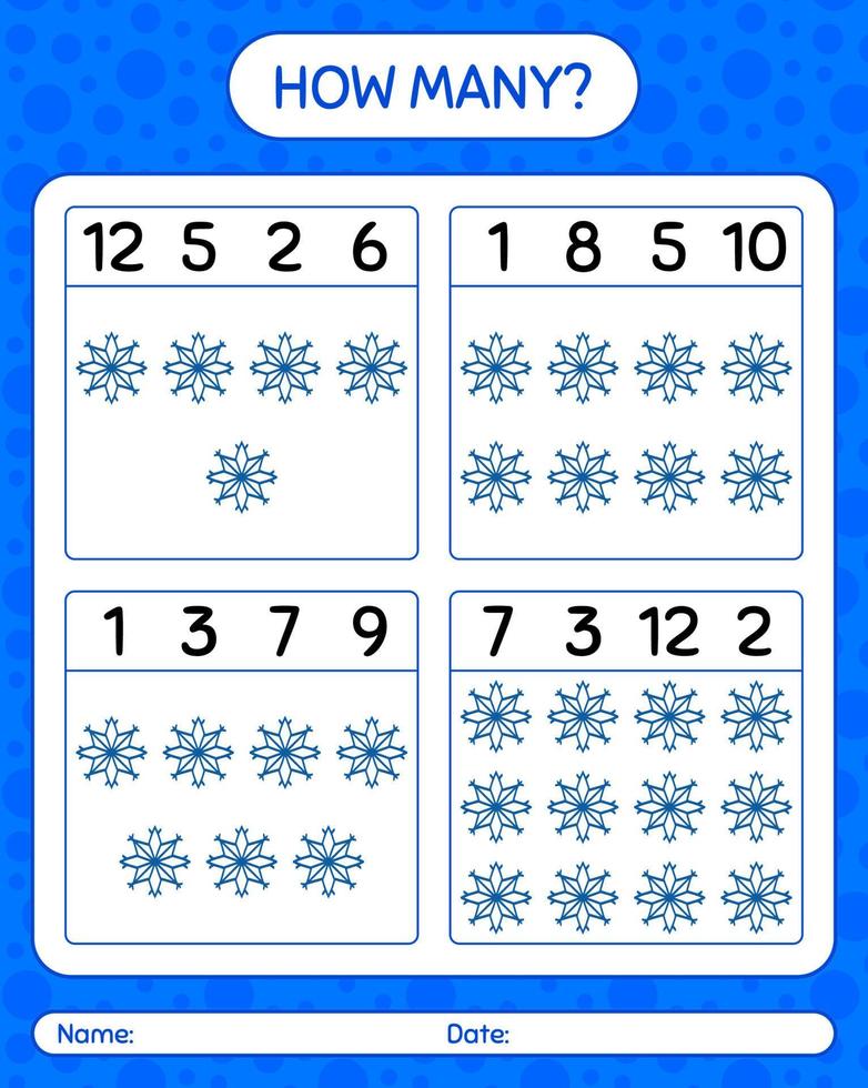 How many counting game with snowflake. worksheet for preschool kids, kids activity sheet vector