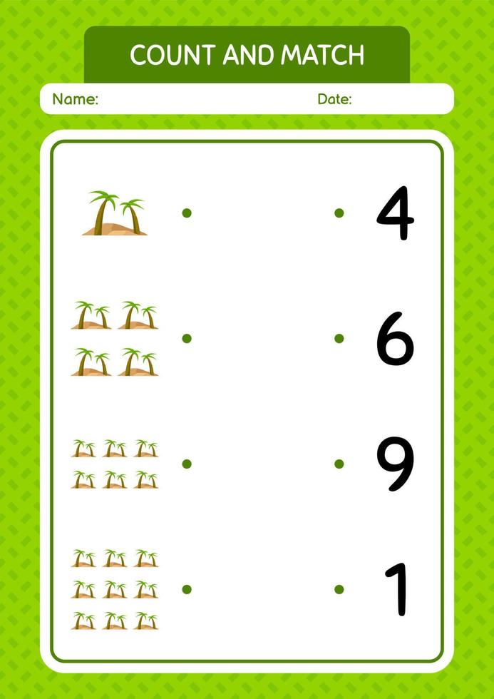 Count and match game with oasis. worksheet for preschool kids, kids activity sheet vector
