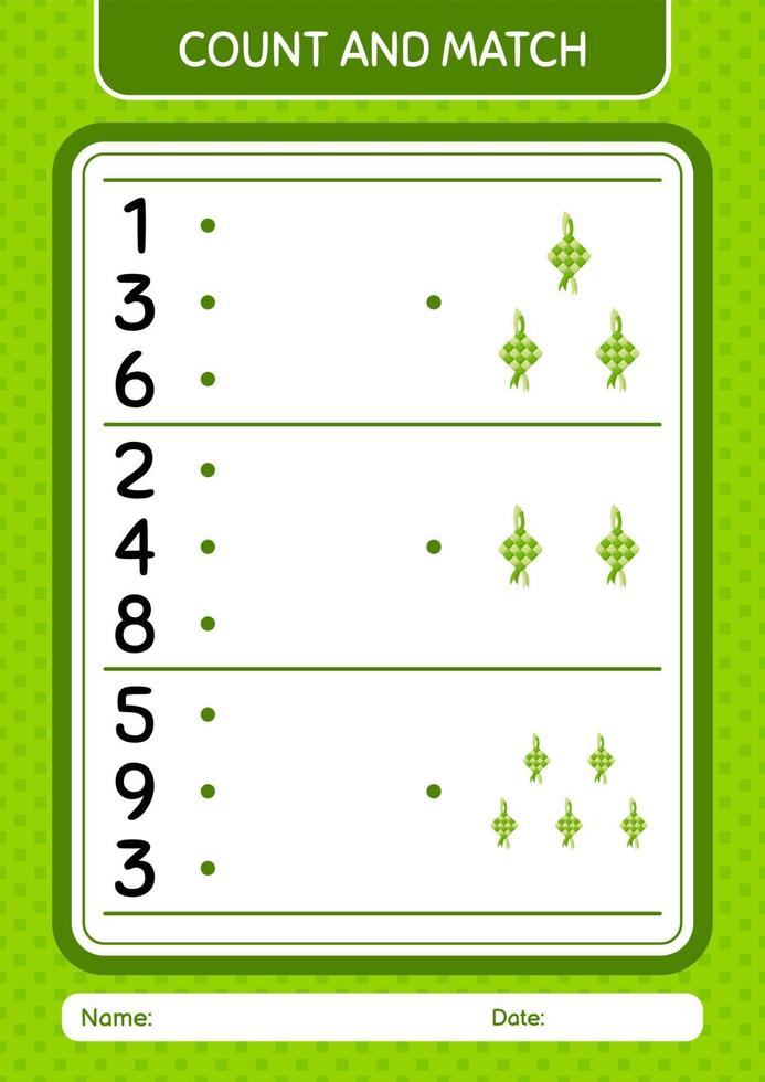 Count and match game with ketupat. worksheet for preschool kids, kids activity sheet vector