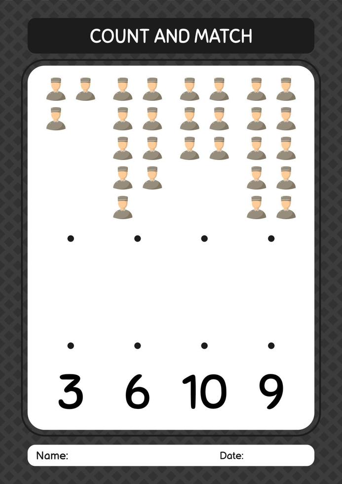 Count and match game with male moslem. worksheet for preschool kids, kids activity sheet vector