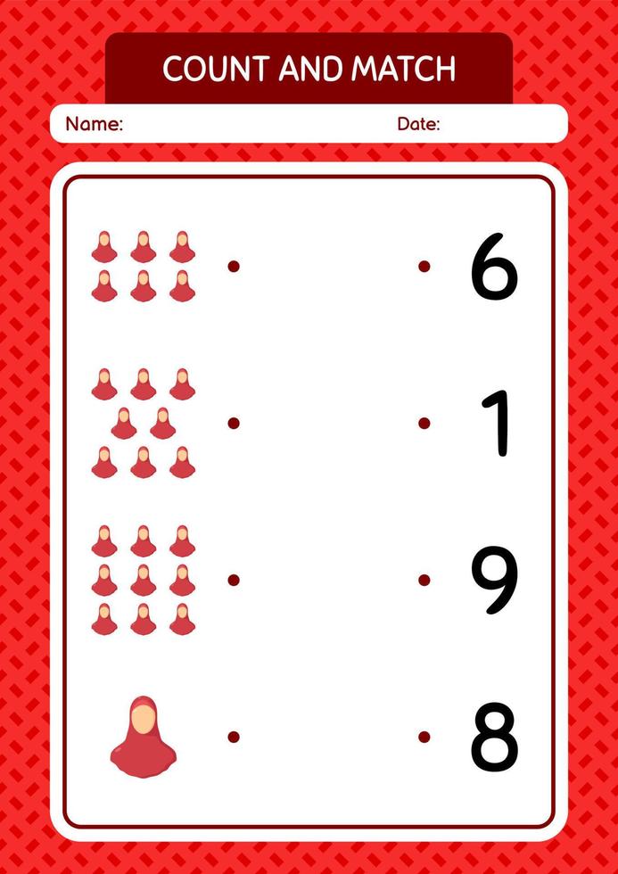 Count and match game with female moslem. worksheet for preschool kids, kids activity sheet vector