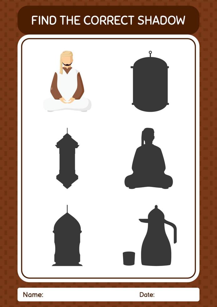 Find the correct shadows game with arabian. worksheet for preschool kids, kids activity sheet vector