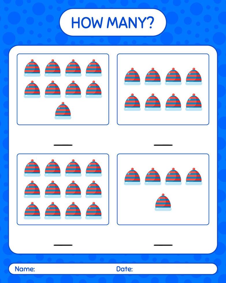 How many counting game with beanie. worksheet for preschool kids, kids activity sheet vector