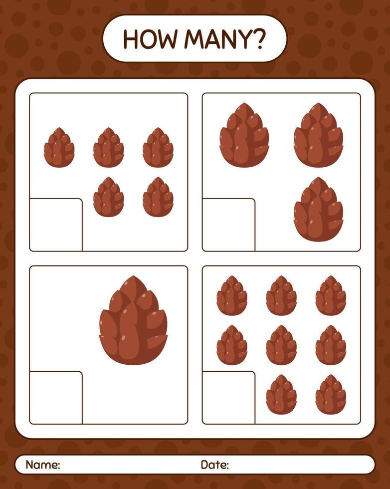 How many counting game with pine cone. worksheet for preschool kids, kids activity sheet vector