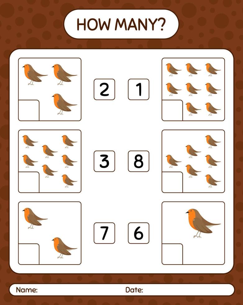 How many counting game with robin bird. worksheet for preschool kids, kids activity sheet vector