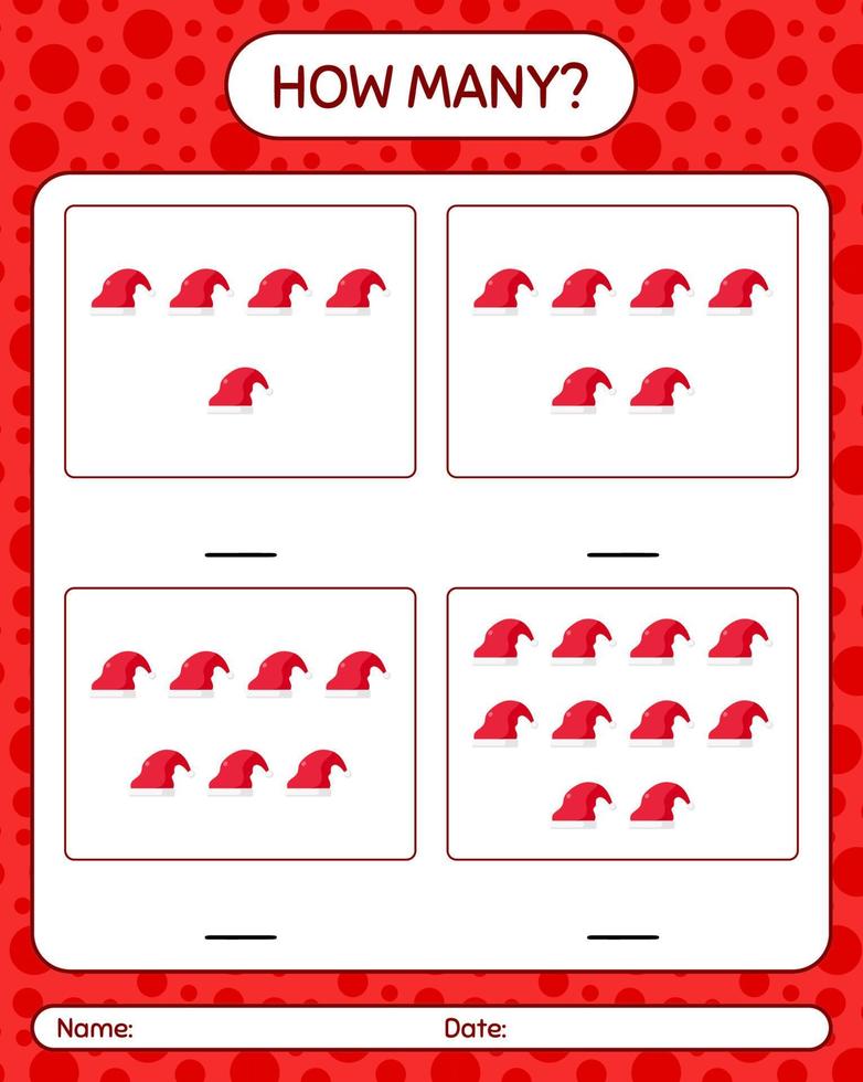 How many counting game with santa hat. worksheet for preschool kids, kids activity sheet vector