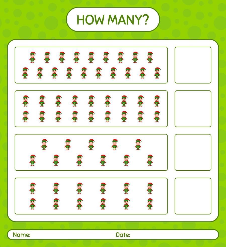 How many counting game with elf. worksheet for preschool kids, kids activity sheet vector