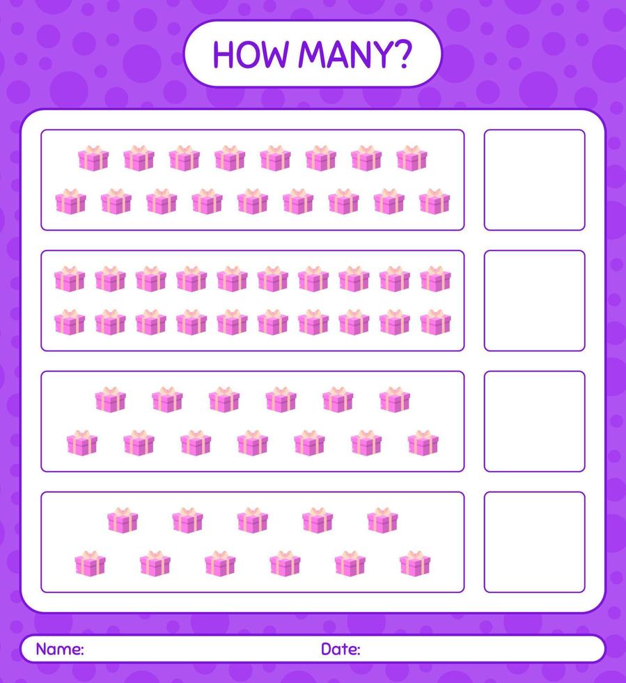 How many counting game with gift box. worksheet for preschool kids, kids activity sheet vector