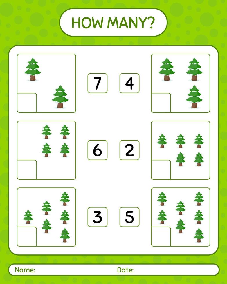 How many counting game with pine tree. worksheet for preschool kids, kids activity sheet vector