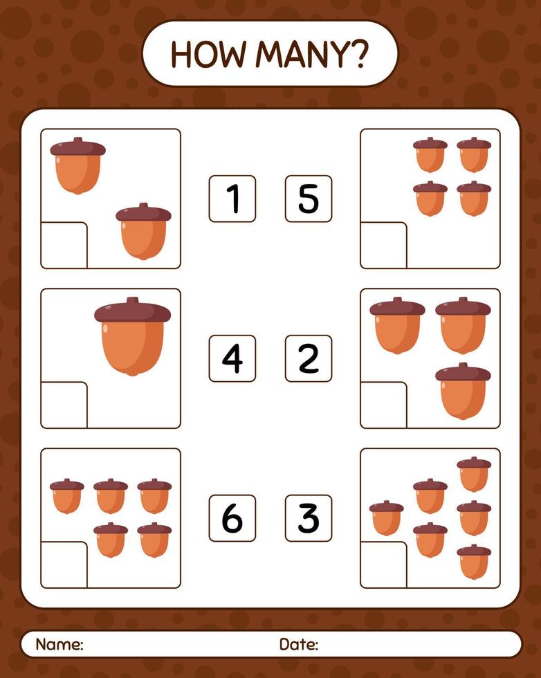 How many counting game with acorn. worksheet for preschool kids, kids activity sheet vector