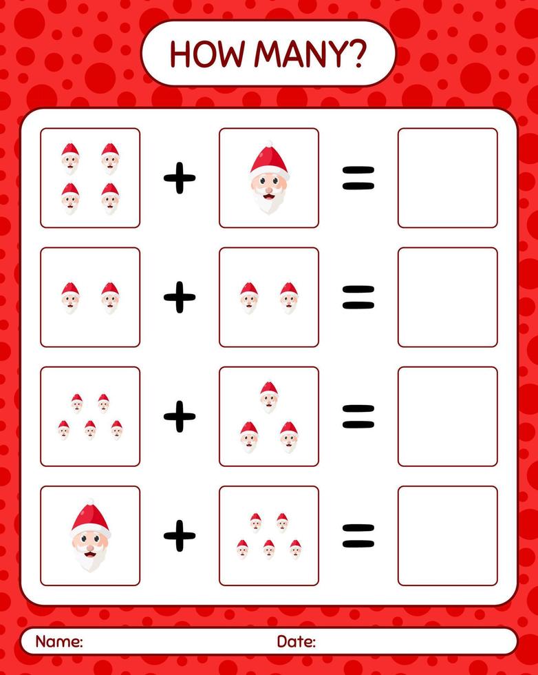 How many counting game with , santa claus. worksheet for preschool kids, kids activity sheet vector