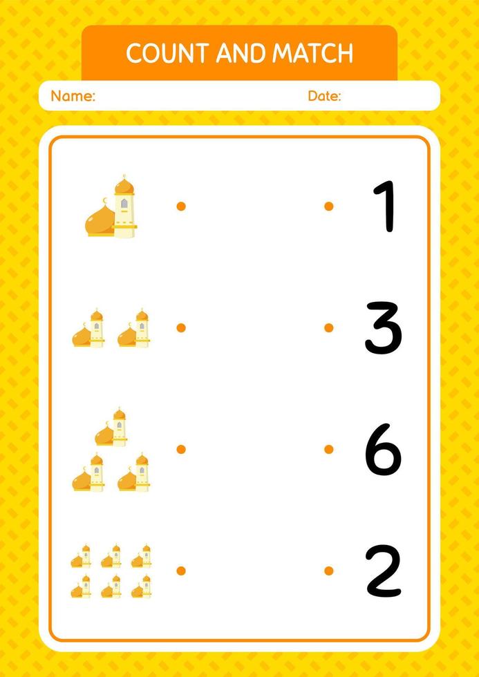 Count and match game with mosque. worksheet for preschool kids, kids activity sheet vector