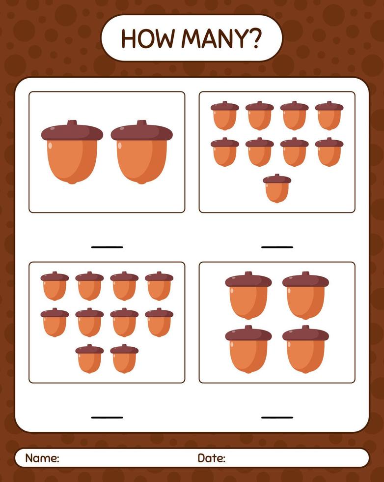 How many counting game with acorn. worksheet for preschool kids, kids activity sheet vector