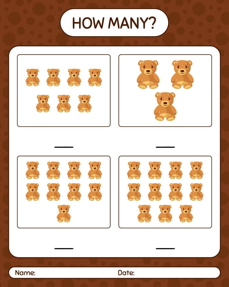 How many counting game with teddy bear. worksheet for preschool kids, kids activity sheet vector