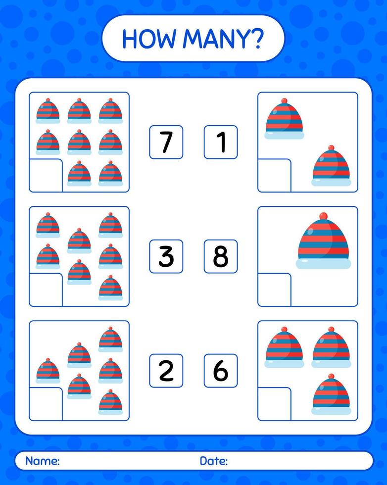 How many counting game with beanie. worksheet for preschool kids, kids activity sheet vector