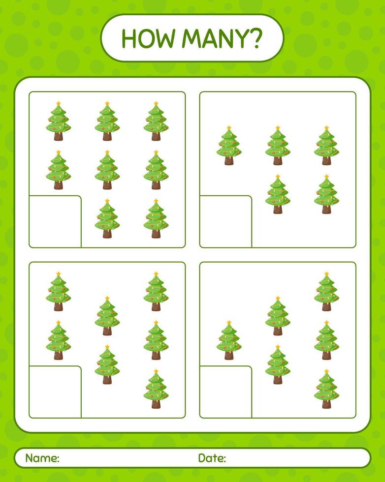 How many counting game with christmas tree. worksheet for preschool kids, kids activity sheet vector