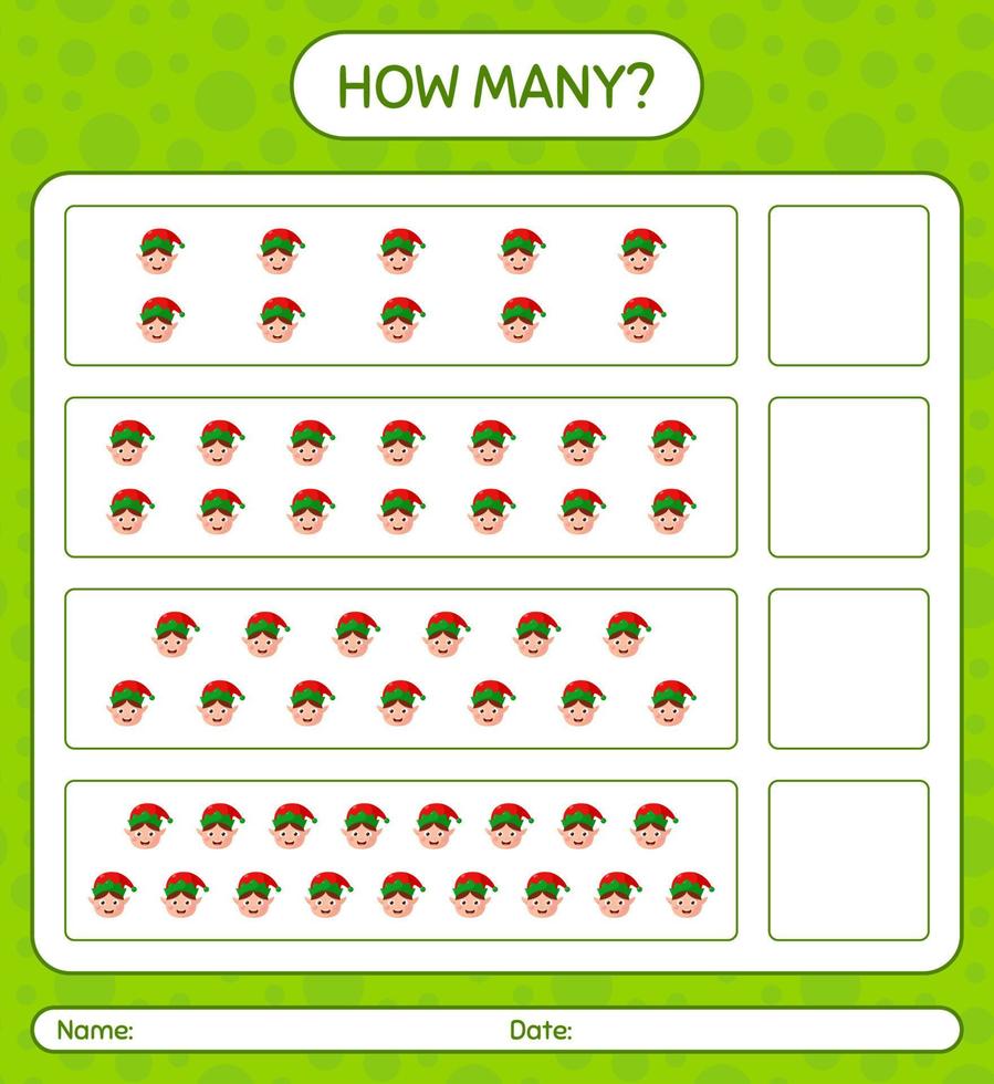 How many counting game with elf. worksheet for preschool kids, kids activity sheet vector