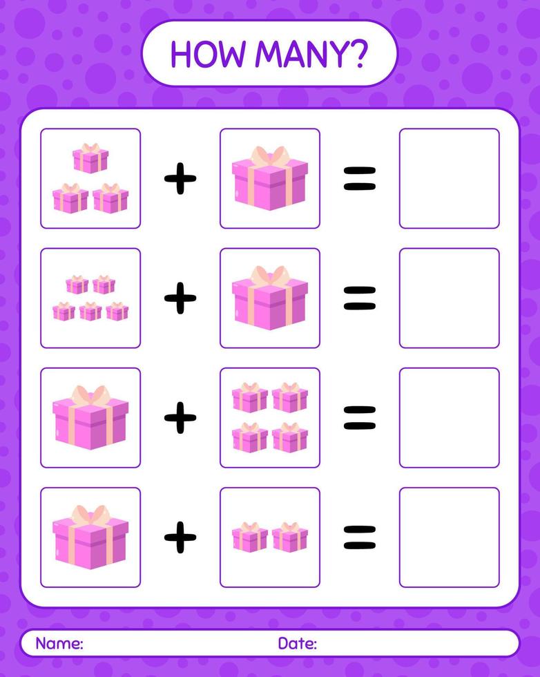 How many counting game with gift box. worksheet for preschool kids, kids activity sheet vector