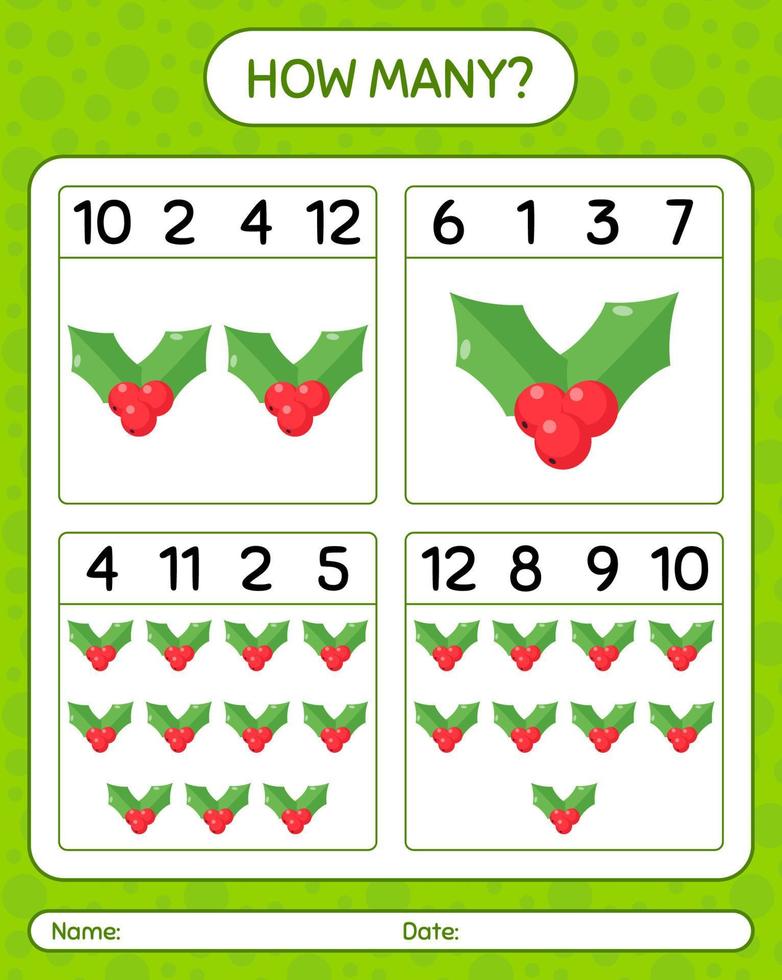 How many counting game with holly berry. worksheet for preschool kids, kids activity sheet vector