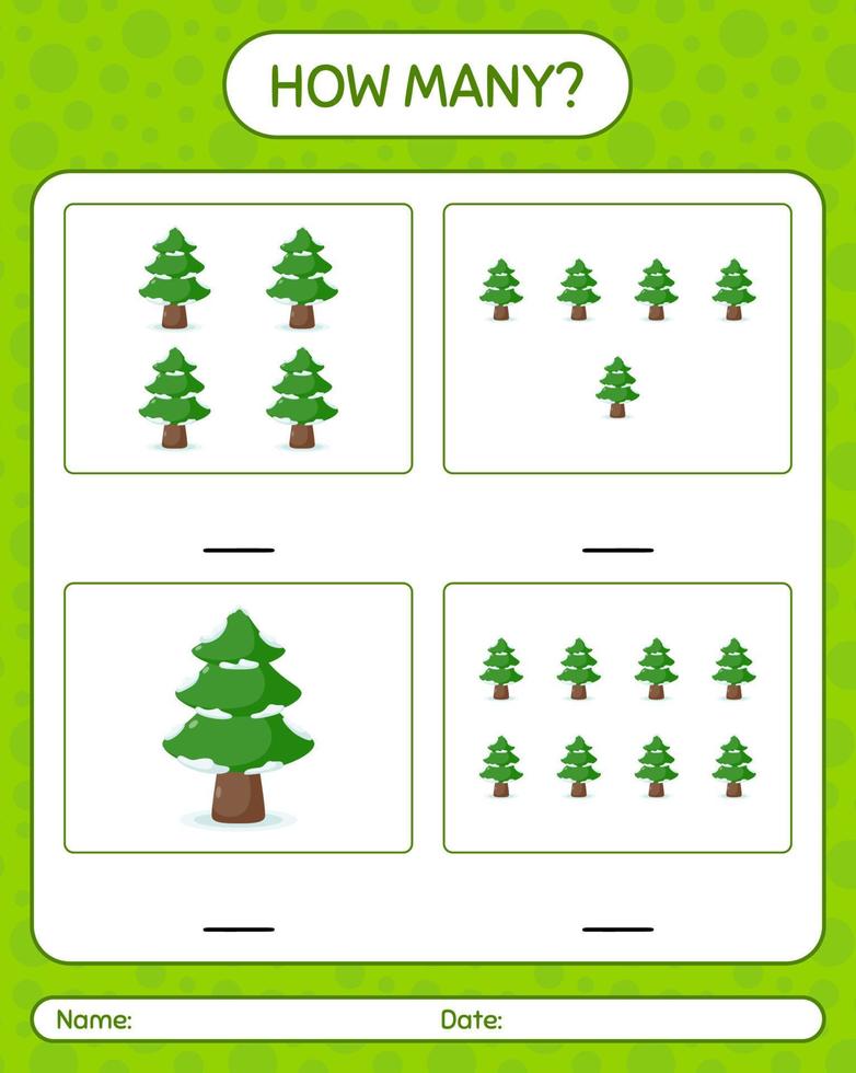 How many counting game with pine tree. worksheet for preschool kids, kids activity sheet vector