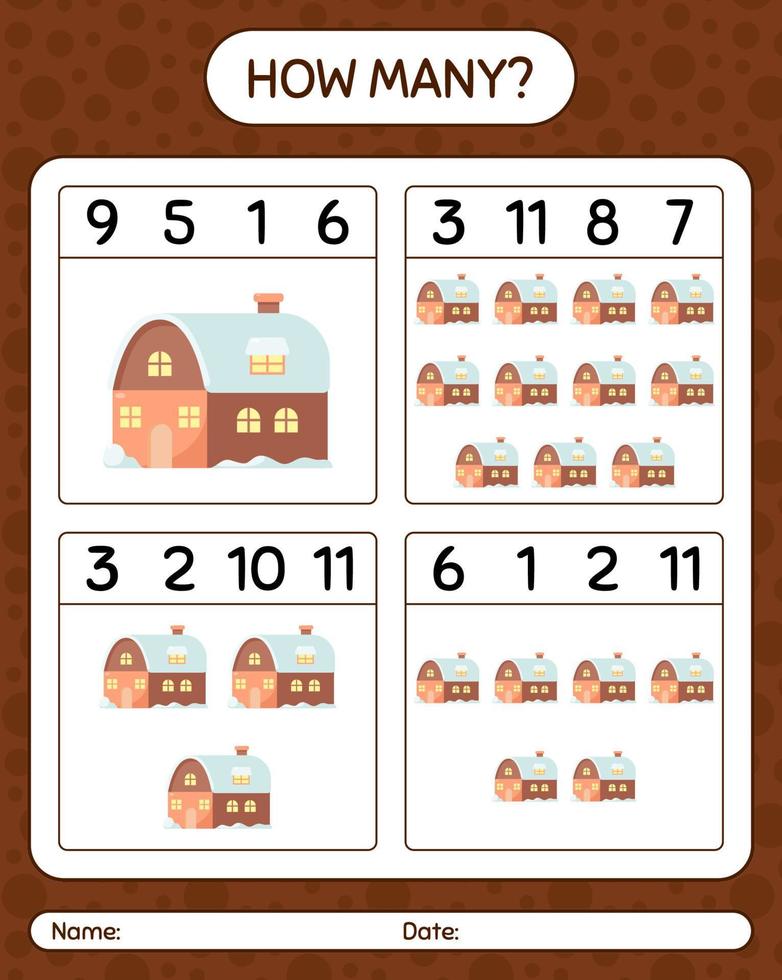 How many counting game with house. worksheet for preschool kids, kids activity sheet vector