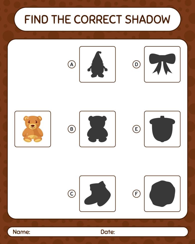 Find the correct shadows game with teddy bear. worksheet for preschool kids, kids activity sheet vector