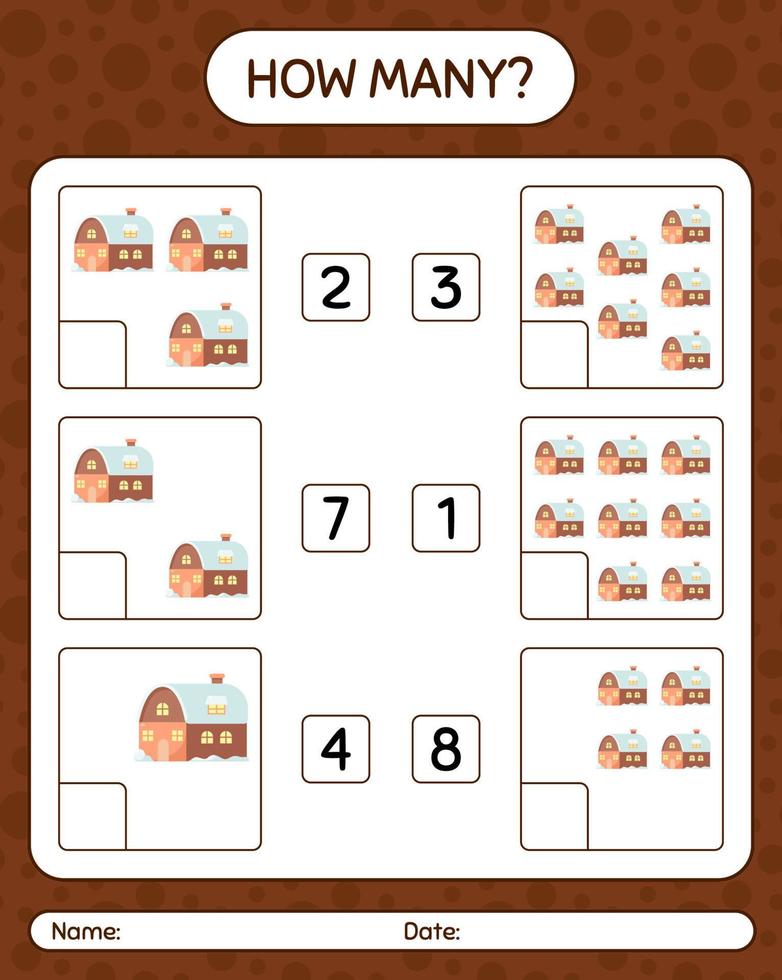 How many counting game with house. worksheet for preschool kids, kids activity sheet vector