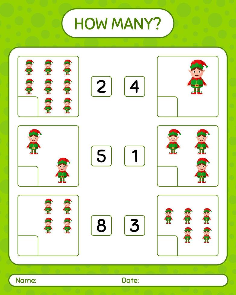 How many counting game with elf. worksheet for preschool kids, kids activity sheet vector