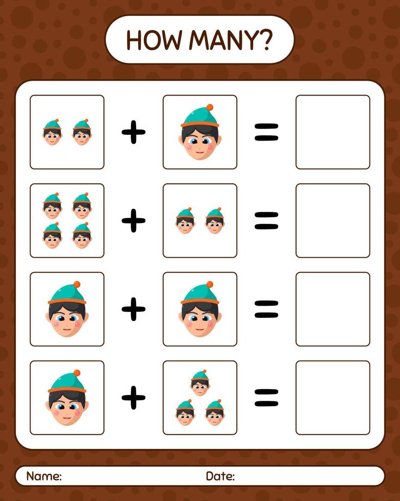 How many counting game with boys. worksheet for preschool kids, kids activity sheet vector