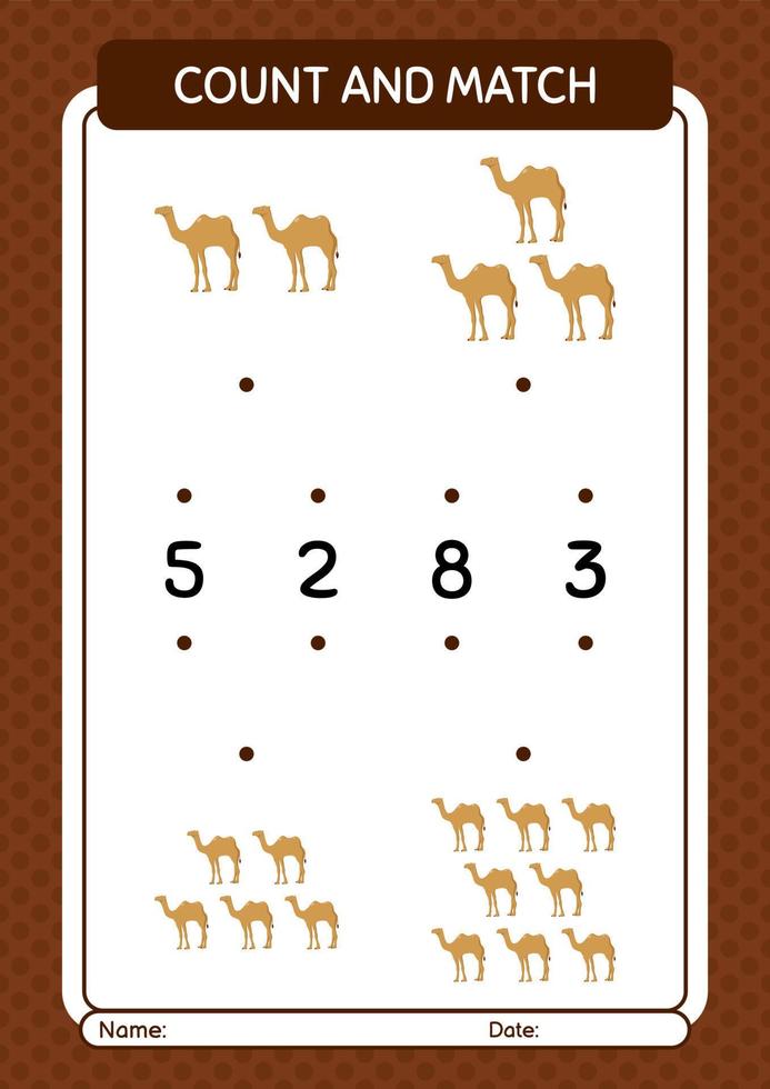 Count and match game with camel. worksheet for preschool kids, kids activity sheet vector