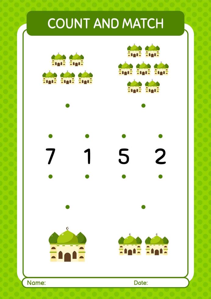 Count and match game with mosque. worksheet for preschool kids, kids activity sheet vector